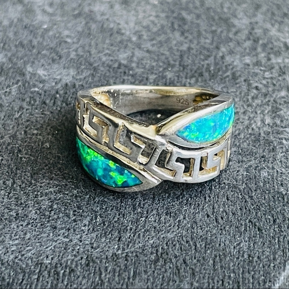 Greek Key Versace Pattern Fire Opal Sterling Silv… - image 2